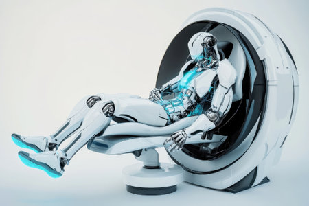 A humanoid robot is comfortably seated in a high-tech chair, showcasing futuristic design elements and glowing features.の写真素材