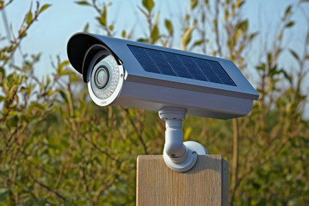 A solar-powered security camera is positioned on a wooden post, surrounded by greenery under a clear sky.の写真素材