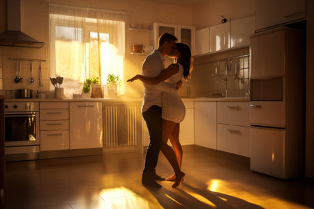 A couple embraces and kisses in a warmly lit kitchen filled with sunlight and intimate moments.の写真素材
