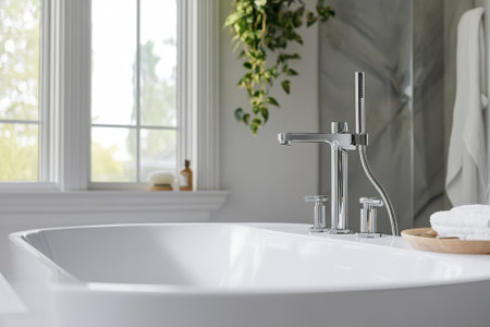 A bright bathroom features a stylish faucet, inviting relaxation with natural light and greenery.の写真素材
