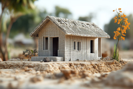 A small house crafted from natural materials sits on sandy terrain, surrounded by green plants and flowers.の写真素材