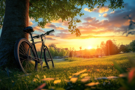 A bicycle leans against a tree as the sun sets, illuminating the grass and creating a peaceful atmosphere.の写真素材