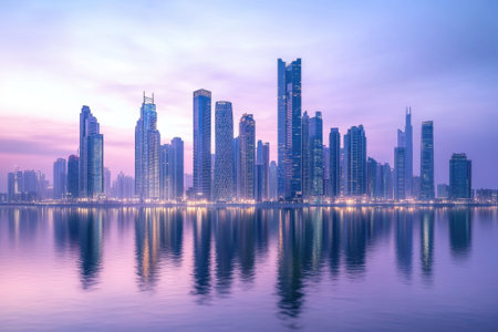 Dubai's skyline glows softly at sunrise, showcasing tall buildings mirrored in the calm waters below.の写真素材