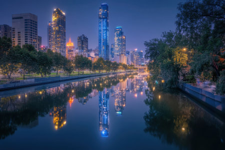 Skyscrapers illuminated by city lights create striking reflections on the calm river water at night.の写真素材