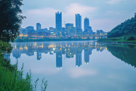 Twilight casts a serene glow on the skyline, reflecting beautifully on the calm river's surface.の写真素材