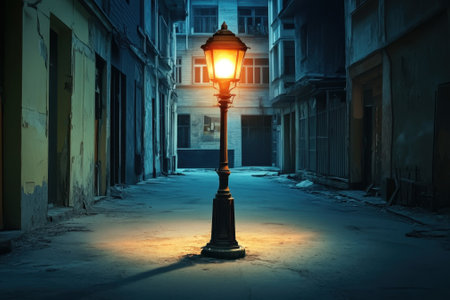A solitary street lamp casts a warm glow in an empty alleyway, surrounded by dim buildings at night.の写真素材