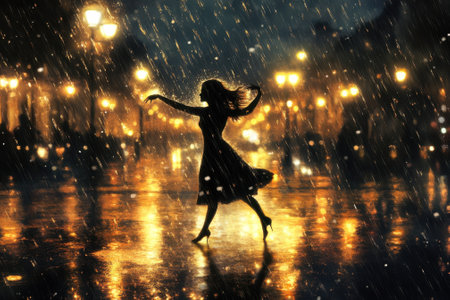 A woman dances in the rain, illuminated by soft street lights, creating a magical nighttime atmosphere.の写真素材