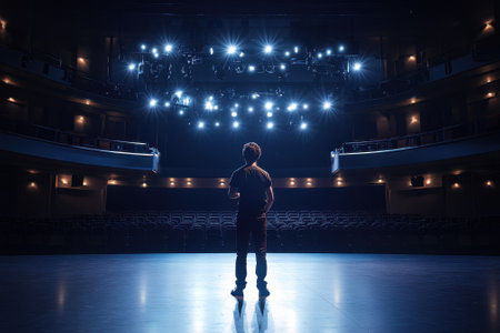 A person stands center stage as bright lights shine down in a quiet theater, awaiting an upcoming performance.の写真素材