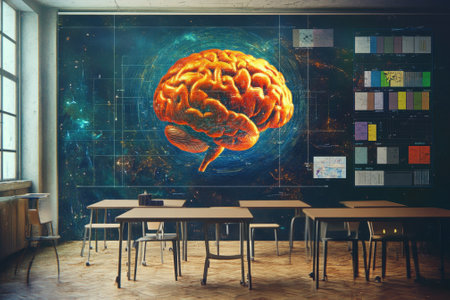 A vibrant brain mural dominates the wall of a school classroom, surrounded by educational charts and empty desks.の写真素材