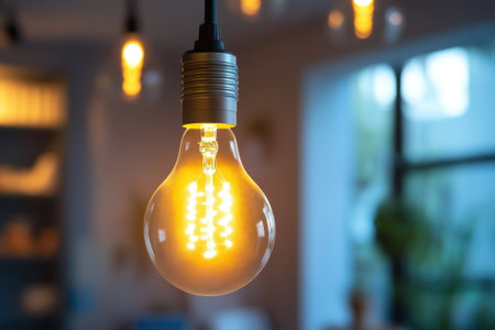 A vintage-style light bulb emits a warm glow, creating a cozy ambiance in an indoor setting.の写真素材