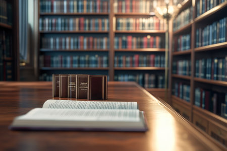 A wooden table holds an open book with several classic texts nearby in a vast library space.の写真素材