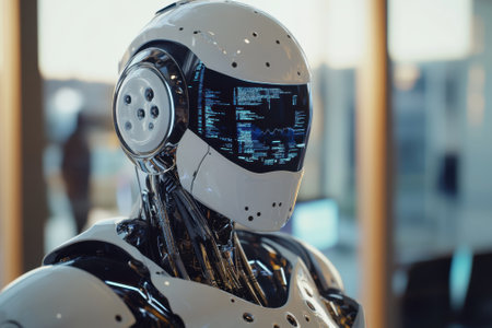 A futuristic robot with sleek features displays intricate circuitry in a contemporary office environment.の写真素材