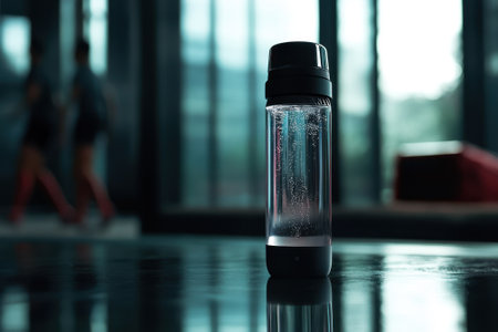 A sleek water bottle sits on a glossy table, while figures move in the background of a modern, bright space.の写真素材