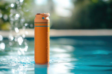 A vibrant orange water bottle is seen floating in a sparkling swimming pool surrounded by lush greenery.の写真素材
