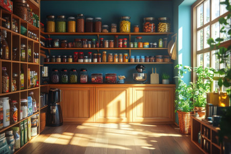 This cozy pantry features shelves stocked with jars of ingredients and cans, illuminated by natural light.の写真素材