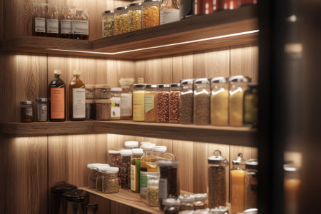 Shelves filled with glass jars and bottles containing various ingredients and spices in a cozy pantry.の写真素材