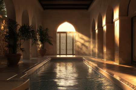 Warm sunlight filters through arches in a peaceful indoor spa, highlighting the tranquil water surface.の写真素材