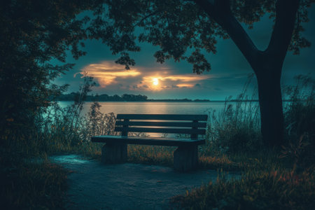 A serene lakeside bench surrounded by nature, as a vibrant sunset reflects on calm waters.の写真素材