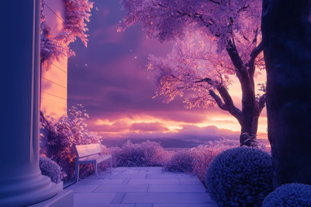 A tranquil garden showcases a bench surrounded by flowering trees as the sun sets over distant mountains.の写真素材