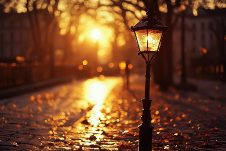 Warm sunlight casts a golden hue over a cobblestone street, highlighting a vintage lantern surrounded by fallen leaves.の写真素材