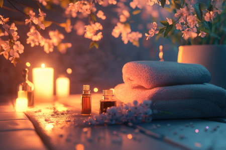 Candles softly glow, lighting towels and essential oils amidst blooming flowers, creating a tranquil vibe.の写真素材