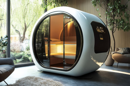 A sleek, round pod sits in a cozy room filled with natural light and plants, inviting relaxation and comfort.の写真素材