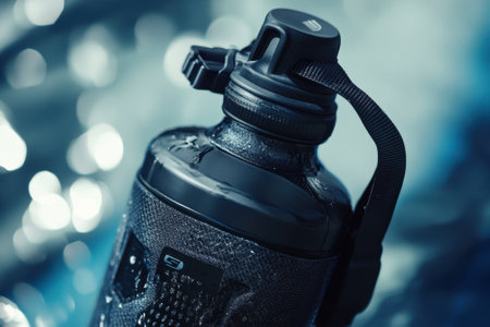 A durable water bottle is sitting on a wet surface, showing its design and texture with reflections.の写真素材
