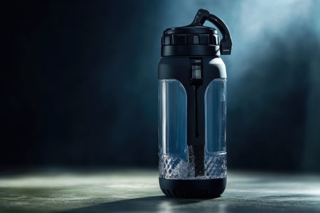 A sleek water bottle stands on a smooth surface, reflecting light in a dimly lit environment.の写真素材