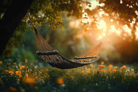 A cozy hammock hangs between two trees in a lush garden filled with blooming flowers during sunset.の写真素材
