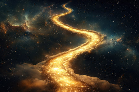 Golden trail of light flows through a vast expanse of stars, creating a mesmerizing celestial pathway.の写真素材