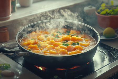 Gnocchi is gently boiling in a skillet on a stove, surrounded by fresh herbs and a bright kitchen setting.の写真素材
