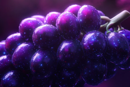 Vibrant grapes glisten as they reflect cosmic patterns and colors, bringing an otherworldly feel.の写真素材