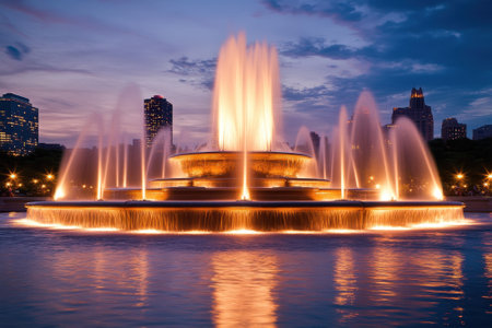 Water shoots high from the fountain as lights create a dazzling display against the evening sky.の写真素材