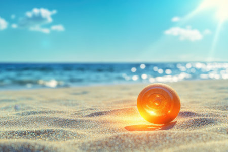 A round glass ball reflects sunset colors while resting on fine sand near the ocean.の写真素材