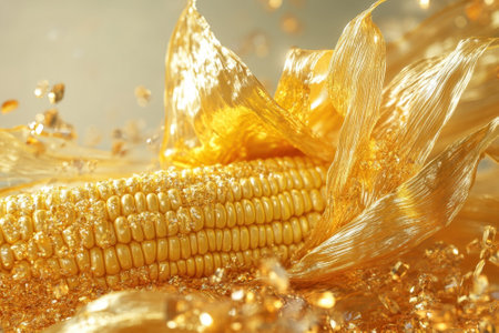 Freshly harvested golden corn sits elegantly amid dynamic splashes of water, showing nature's bounty.の写真素材