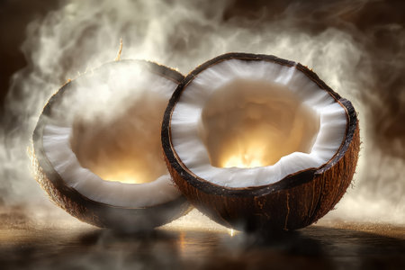 Two halved coconuts reveal a soft, glowing interior with steam gently rising from them, creating a warm atmosphere.の写真素材