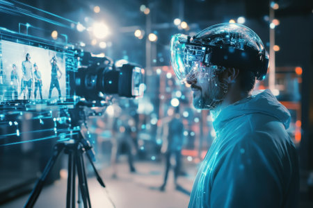 A person uses a VR headset to capture images in an advanced photography studio filled with holograms.の写真素材