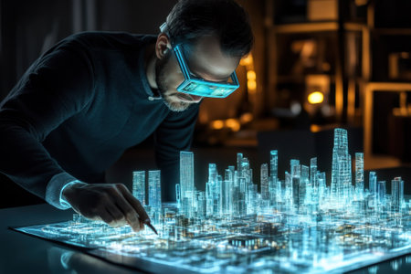 A designer explores a high-tech urban model using augmented reality glasses in a dimly lit workspace.の写真素材