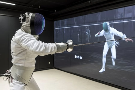 Fencer practices techniques in a cutting-edge training room featuring an interactive virtual screen.の写真素材