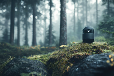 A modern spherical device sits on a moss-covered rock in a foggy forest, surrounded by tall trees and greenery.の写真素材