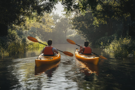 Two people kayak peacefully on a calm river surrounded by dense trees in the soft morning light.の写真素材