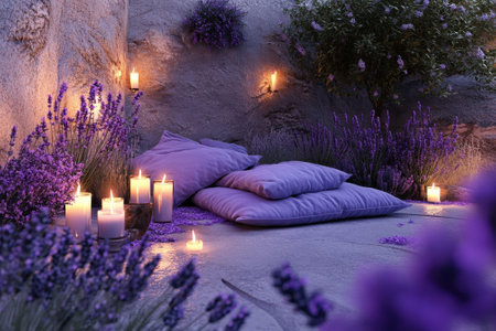 Soft pillows and candles create a serene outdoor setting surrounded by blooming lavender plants in twilight.の写真素材