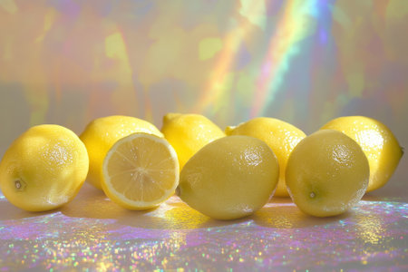 Bright yellow lemons are displayed with a cut lemon revealing its juicy interior against a vivid backdrop.の写真素材