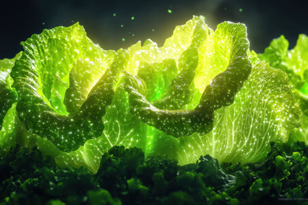 Glowing lettuce showcases bright green colors and intricate textures, creating a captivating visual effect.の写真素材