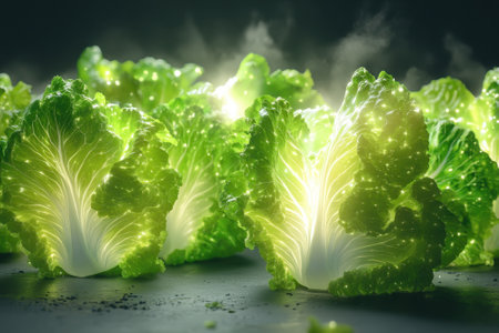 Bright green lettuce heads glow softly under gentle light with steam creating a mystical ambiance.の写真素材