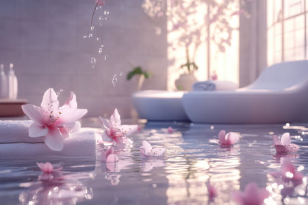Cherry blossoms float on the surface of calming water in a serene spa environment filled with light.の写真素材