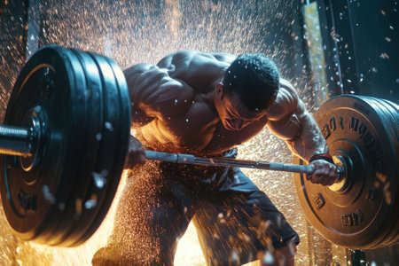 Bodybuilder performs intense deadlift exercise in gym while water splashes around, showing dedication and strength.の写真素材