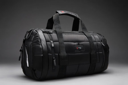 This black duffel bag features a sleek design, perfect for gym sessions or weekend trips.の写真素材