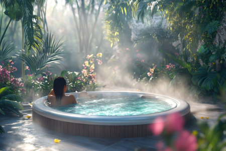 A person enjoys a peaceful soak in a hot tub amidst lush greenery and colorful flowers, creating a tranquil atmosphere.の写真素材