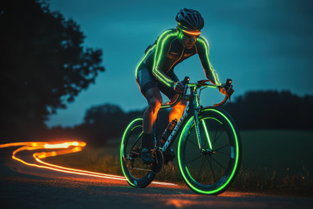 A cyclist races on a dimly lit road, wearing glowing gear that outlines their shape against the dark background.の写真素材